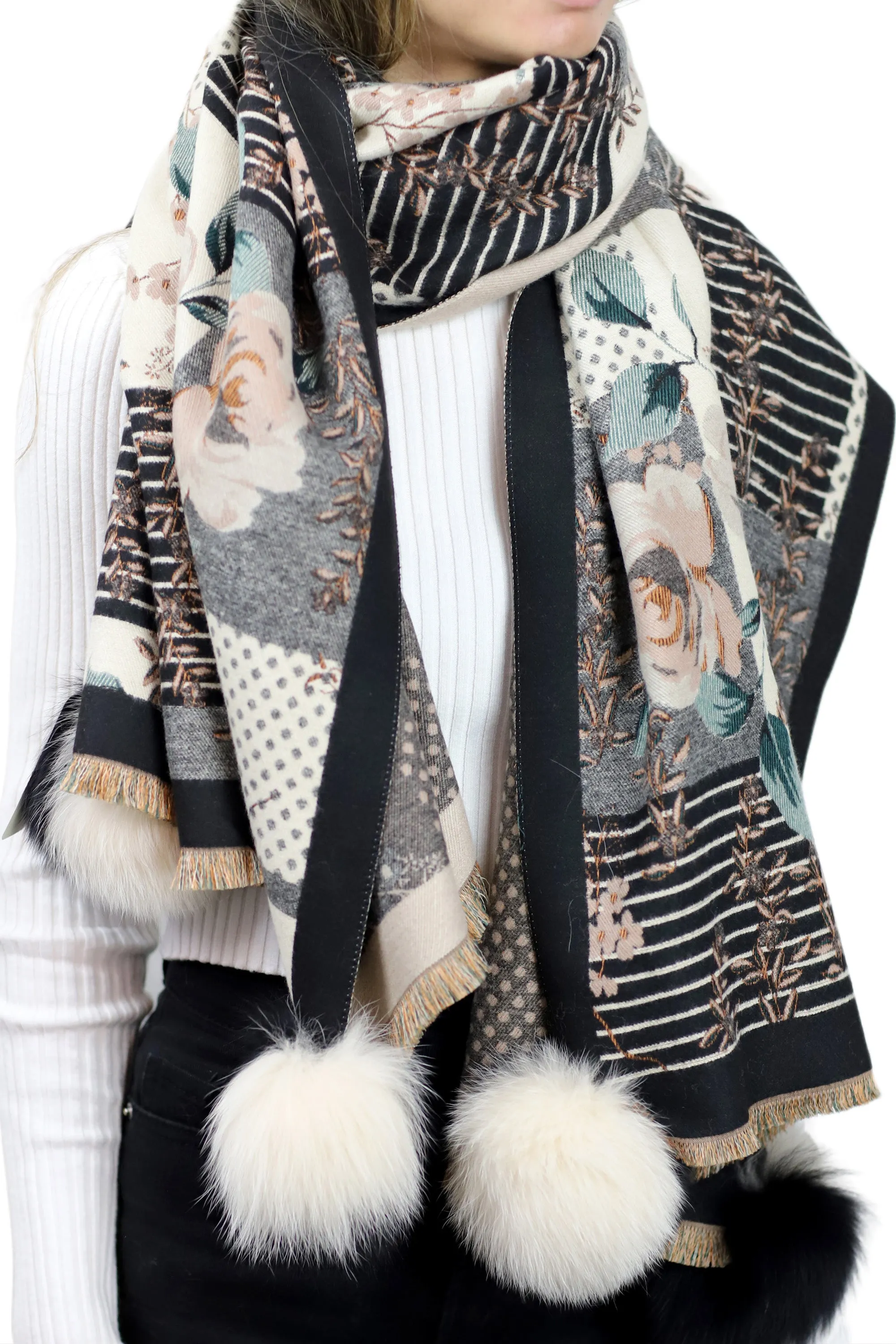 Abstract Floral Print Wrap with Fox Poms - Black & Beige