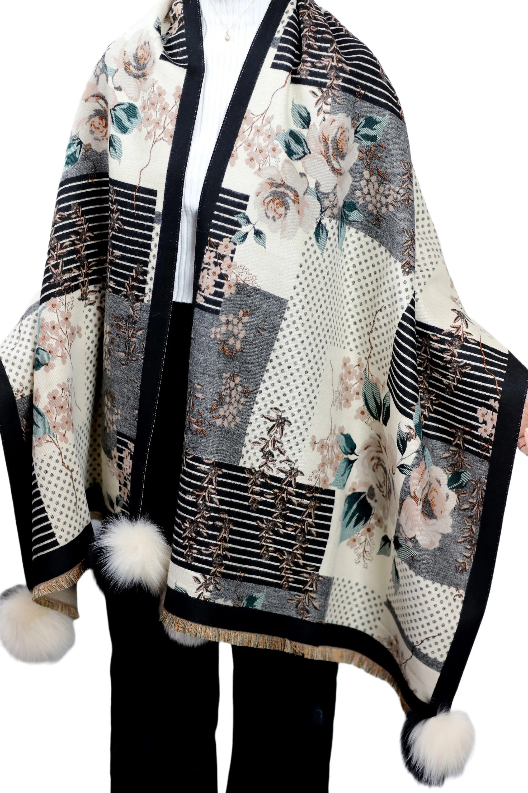 Abstract Floral Print Wrap with Fox Poms - Black & Beige