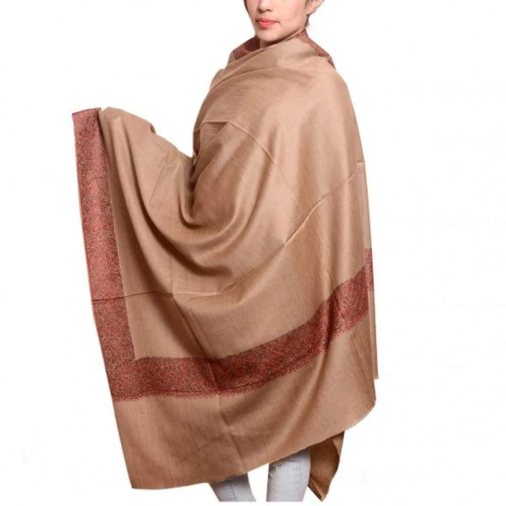 Beige Color Sozni Work Embroiderey Shawl Enriched With Running Four Sided Pattern