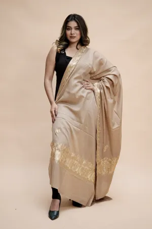 Beige Colour Semi Pashmina Shawl Enriched With Ethnic Heavy Golden Tilla Embroidery With Running border