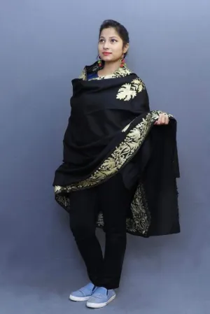 Black Colour Semi Pashmina Shawl Enriched With Ethnic Tilla Embroidery With Running Border