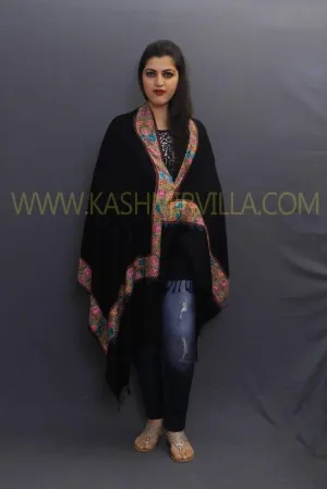 Black Colour Sozni Work Kashmiri Handwoven Stole On Pashmina Fabric With Multicoloured Border.