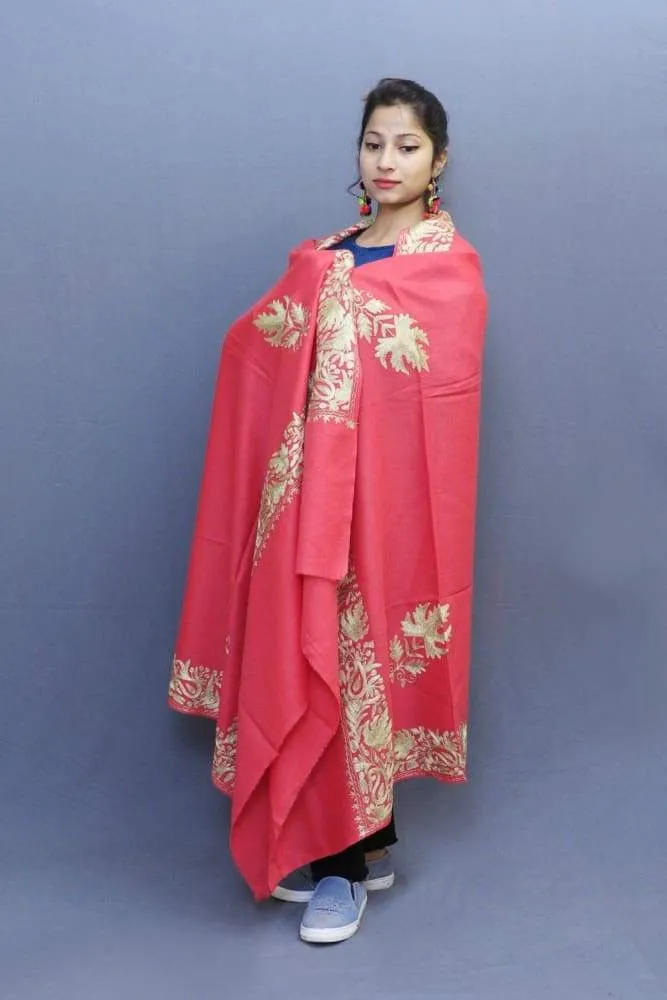 Carrot pink Semi pashmina Shawl Enriched With Ethnic Tilla Embroidery With Running border