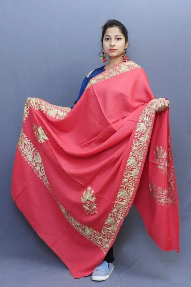 Carrot pink Semi pashmina Shawl Enriched With Ethnic Tilla Embroidery With Running border