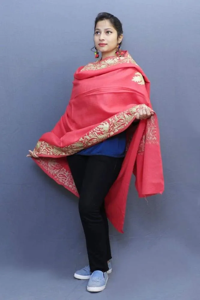 Carrot pink Semi pashmina Shawl Enriched With Ethnic Tilla Embroidery With Running border