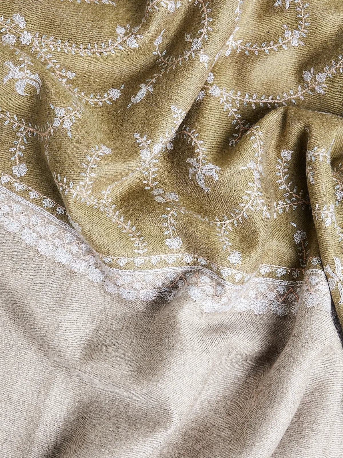 Embroidered Pashmina Shawl in Pistachio and Cream