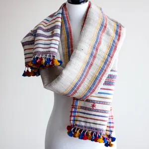 Handwoven Wrap from Handspun Tussar Silk & Fine Cotton - Colourful Tassels | Beige Stole, 24x86"