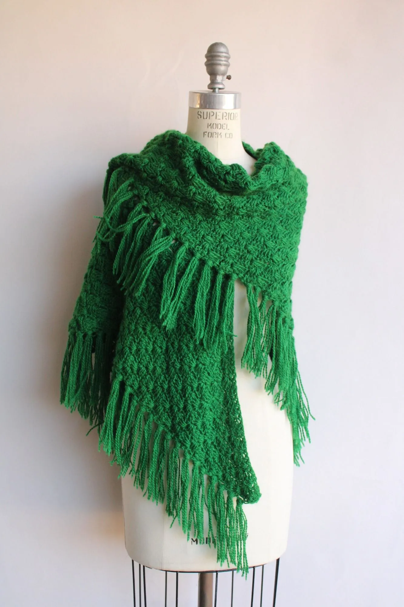 Vintage 1960s 1970s Green Knit with Fringe Shawl