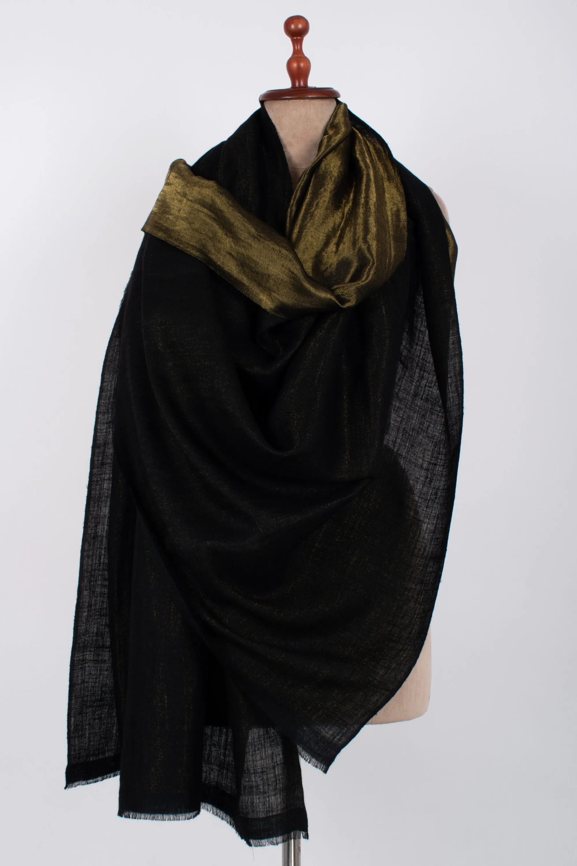 Zari Saga Dual Shade Shawls, Metallic Pure Pashmina Scarves, Sustainable Fashion, Reversible Pashmina, 40x80" - BLACK & GOLD